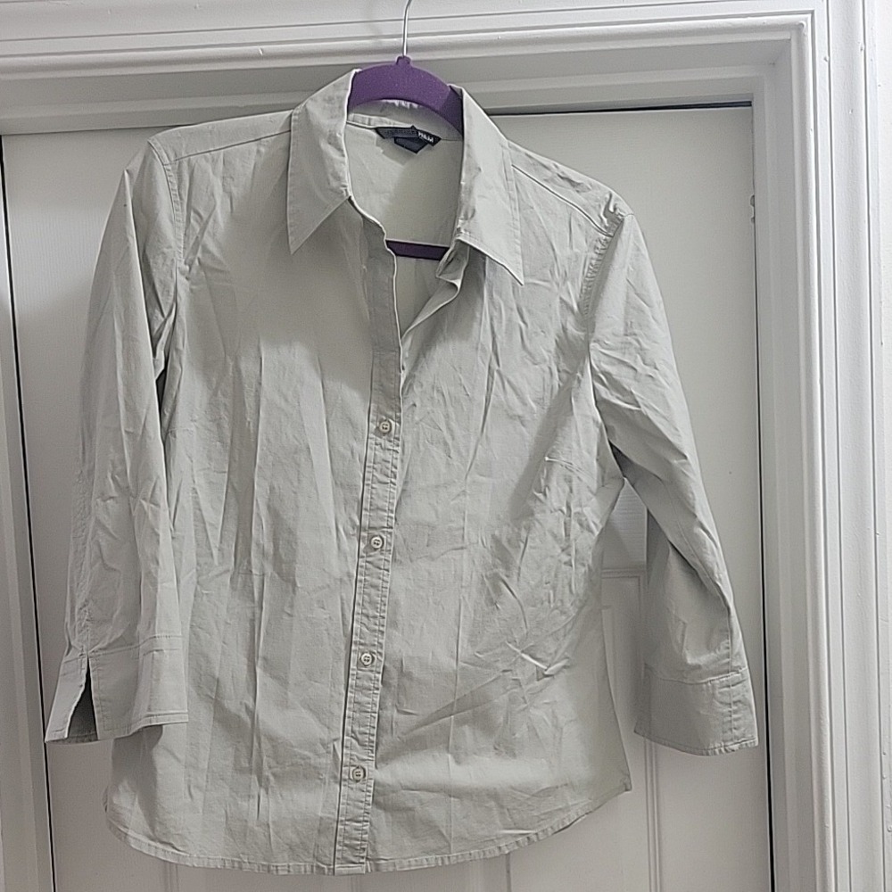H&M Womens Light Khaki Beige 3/4 Sleeve Button Down Stretch Shirt Size 12